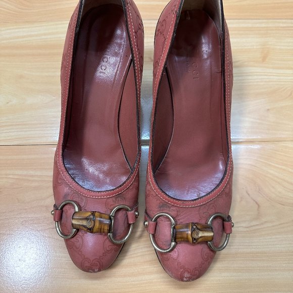 GUCCI Pump Leather HORSEBIT BAMBOO Gold HW Round Toe Sz 6.5 Pink Rose - Picture 1 of 10